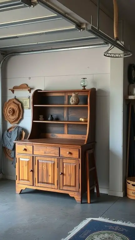 25+ Creative Garage Art Ideas to Transform Your Space 9 A wooden cabinet with shelves and drawers, showcasing upcycled furniture art in a garage setting.