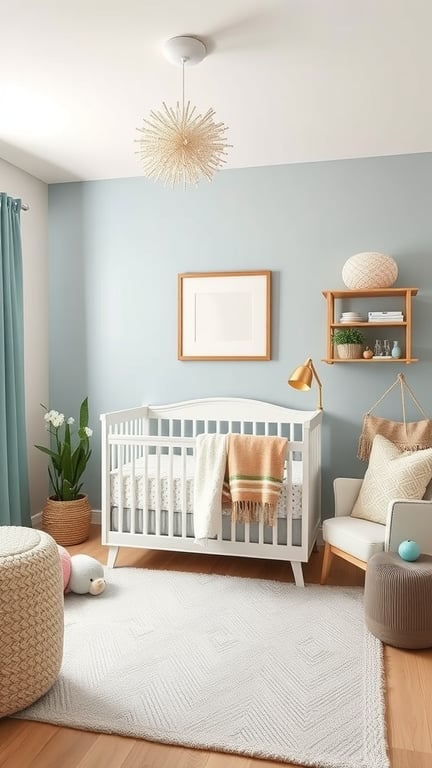 25+ Adorable Newborn Room Ideas to Inspire Your Nursery Design 6 A gender-neutral nursery featuring a light blue wall, white crib, cozy rug, and decorative elements.