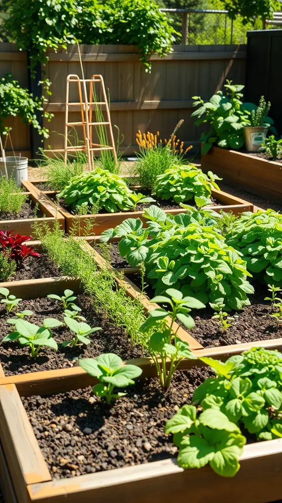 23+ Enchanting Cottage Core Backyard Ideas to Transform Your Outdoor Space 2 A vibrant herb and vegetable patch with raised garden beds filled with various plants.