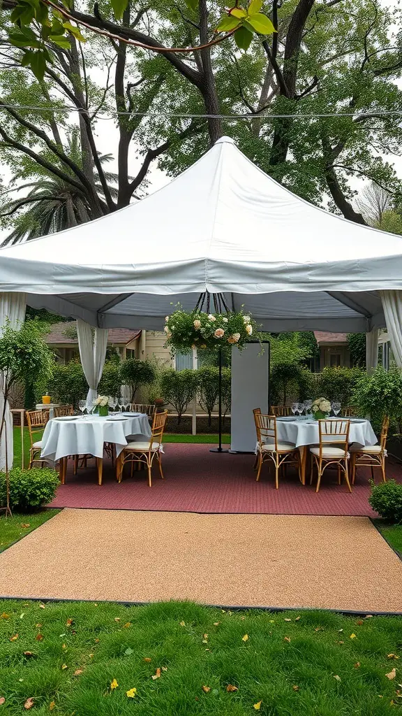 A tent set up in a garden for an outdoor event, with tables and chairs arranged inside.