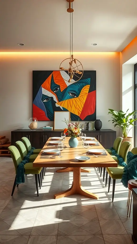 A stylish dining room featuring a large colorful artwork, a long wooden table with green chairs, and warm lighting.