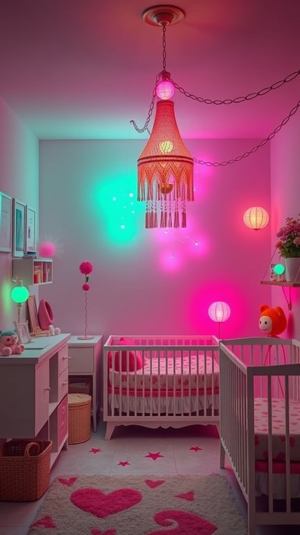31+ Gorgeous Pink and Green Nursery Ideas for a Dreamy Space 9 A colorful nursery with pink and green lighting fixtures, featuring a decorative chandelier and playful lamps.