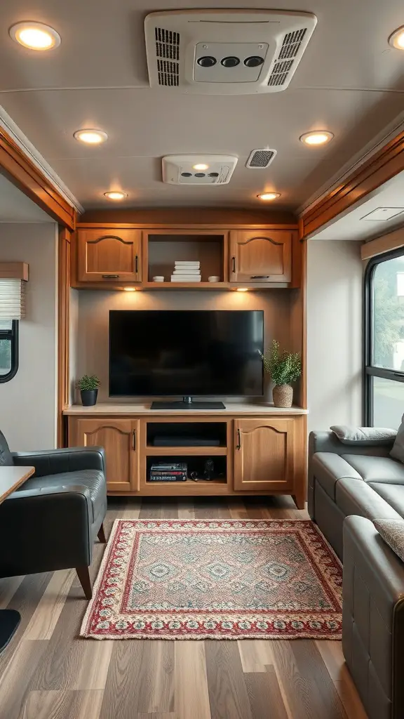 23+ Cozy RV Living Room Ideas for Ultimate Comfort 9 A cozy RV living room featuring a TV, comfortable seating, and warm lighting.