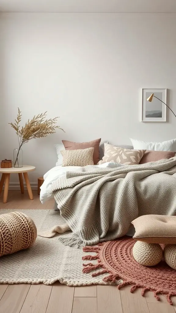 25+ Must-Have Items for a Cozy Scandinavian Bedroom 9 A cozy Scandinavian bedroom featuring layered textiles, including blankets and cushions, with a natural rug and decorative elements.