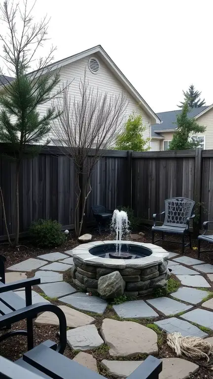 21+ Stunning Firepit Backyard Landscaping Ideas You’ll Love 4 A backyard featuring a circular stone firepit with a water fountain, surrounded by chairs and a stone pathway.