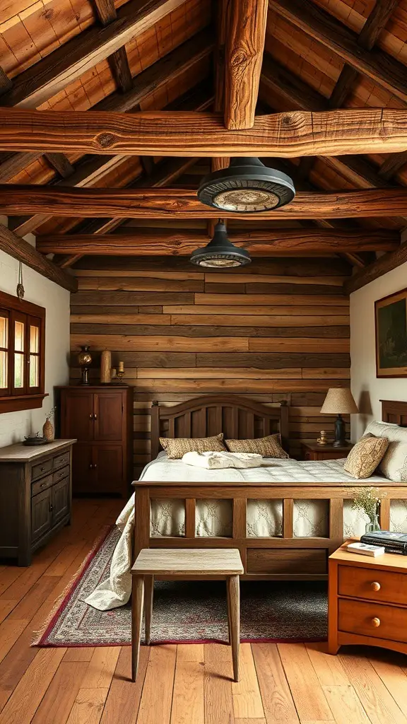 A rustic farmhouse bedroom featuring wooden beams, a wooden bed frame, and warm decor.