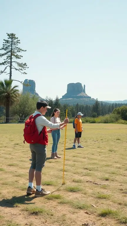 15 Inspiring Outdoor Learning Spaces for Creative Education 11 Children measuring distances in an outdoor setting with rock formations in the background.