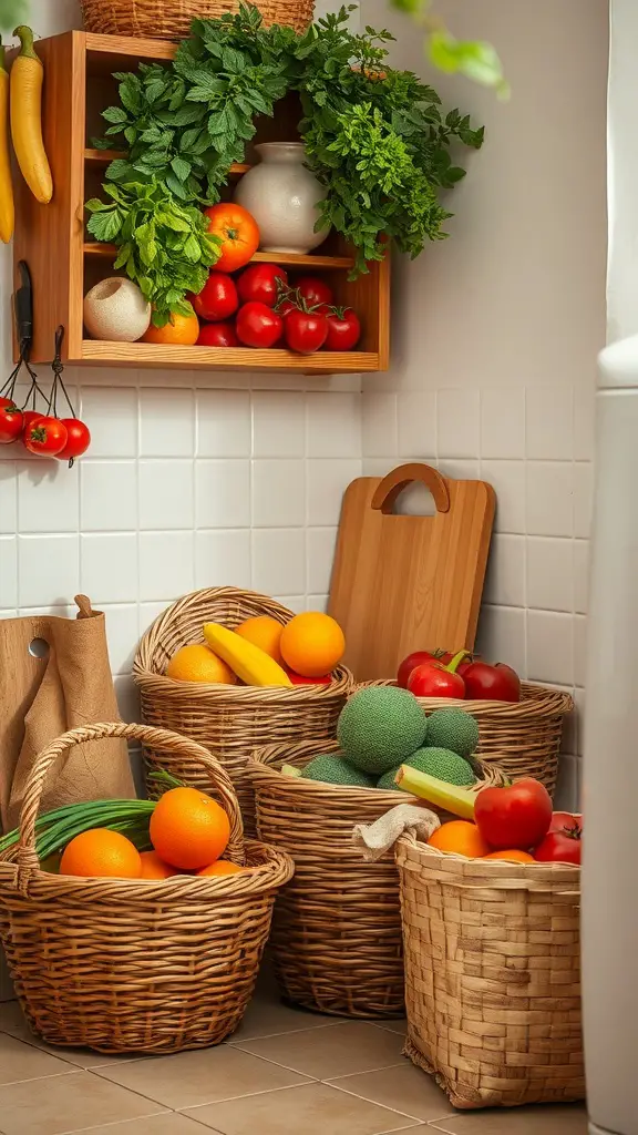 21+ Enchanting Cottagecore Kitchen Ideas to Transform Your Space 21 A cozy kitchen with woven baskets filled with fruits and vegetables, showcasing a cottage core aesthetic.