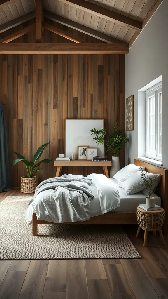 25+ Must-Have Items for a Cozy Scandinavian Bedroom 13 A Scandinavian bedroom featuring wooden walls, a cozy bed with white bedding, and indoor plants.