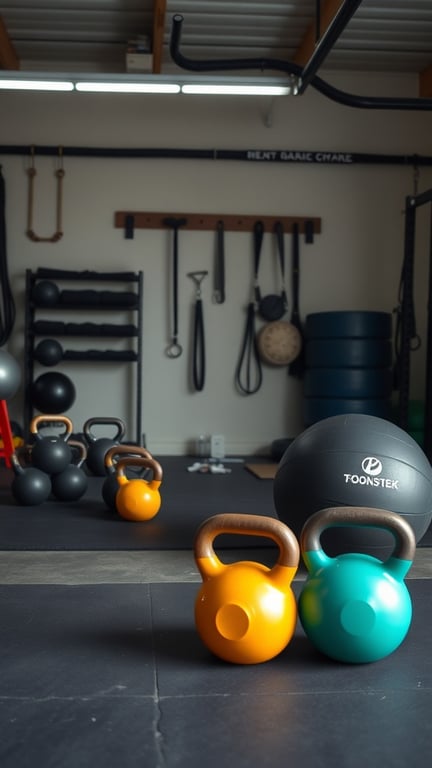 19 Home Gym Ideas for Small Garages: Maximize Your Space with These Creative Solutions 13 A functional training area in a small garage featuring kettlebells, a stability ball, and wall-mounted exercise equipment.