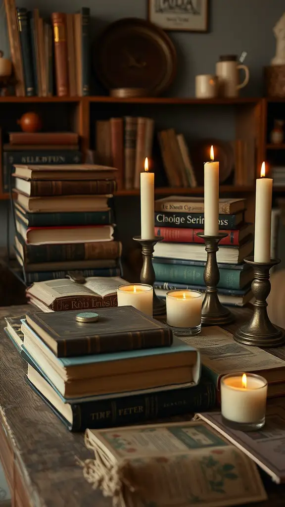 15 Creative Coffee Table Arrangement Ideas to Elevate Your Living Space 7 A coffee table arrangement featuring vintage books and candles.