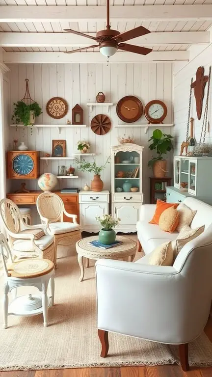 21 Stunning Boho Farmhouse Decor Ideas for a Cozy Home 9 Cozy vintage-inspired living room with white walls, wooden furniture, and decorative items.