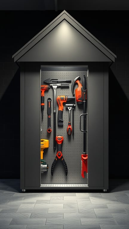 15 Creative DIY Shed Plans for Your Backyard Oasis 5 A modern tool storage shed with various tools organized on pegboards inside.