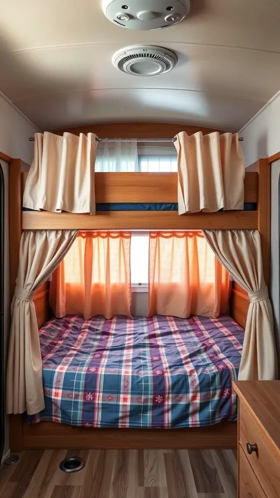 23 Creative Camper Bunk Bed Ideas for Your Next Adventure 7 Cozy camper bunk bed with privacy curtains, featuring a plaid blanket and wooden accents.