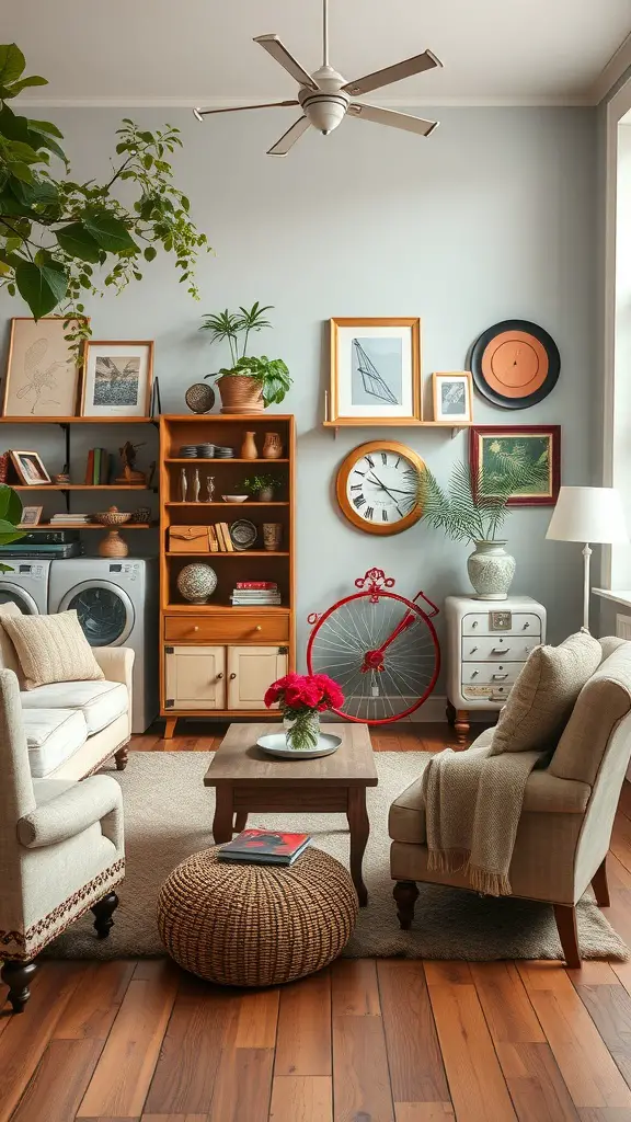 A charming vintage living room with cozy chairs, wooden furniture, and framed art.