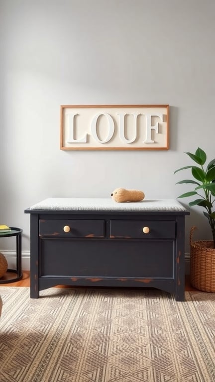 23+ Creative Toy Storage Ideas for a Clutter-Free Home 8 A stylish multi-functional toy chest with a soft top, two drawers, and a decorative wall sign.