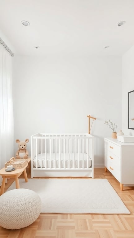 27+ Adorable Baby Nursery Ideas for Boys 5 A modern minimalist baby nursery featuring a white crib, light walls, a cozy pouf, and wooden accents.