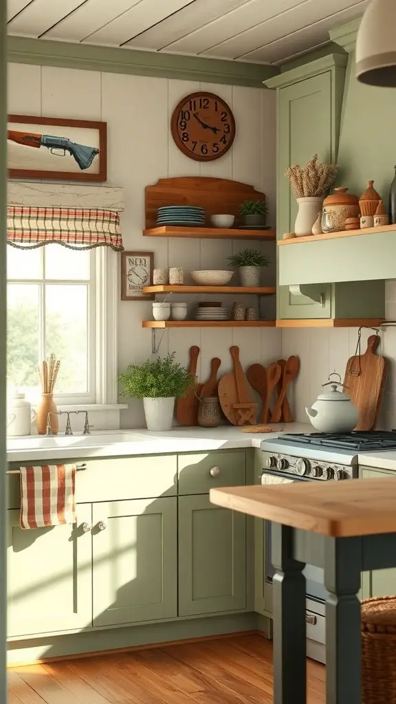 29+ Stunning Sage Green Kitchen Ideas to Transform Your Space 14 A cozy farmhouse kitchen featuring sage green cabinets, wooden shelves, and natural light.