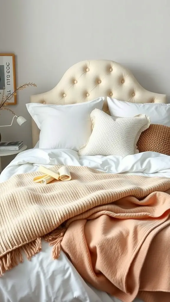 Cozy layered bedding with neutral colors and various textures