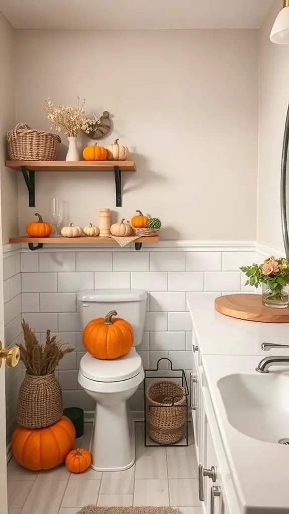 27+ Cozy Fall Bathroom Decor Ideas to Refresh Your Space 7 A cozy bathroom decorated with various decorative pumpkins and gourds, showcasing a warm fall theme.