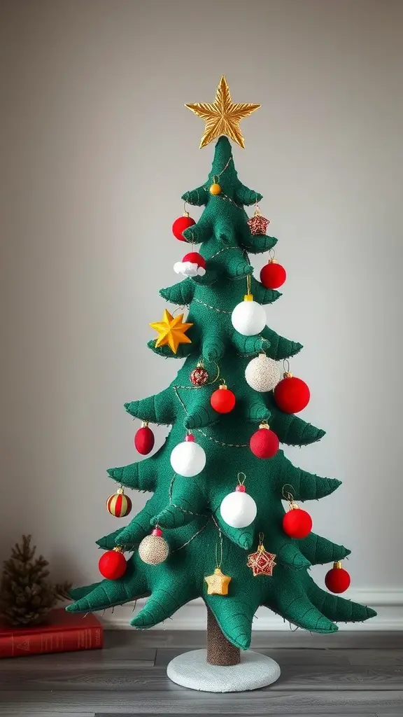 23+ Creative Christmas Crafts for Adults to Try This Holiday Season 12 A vibrant green felt Christmas tree decorated with colorful ornaments and a golden star on top.