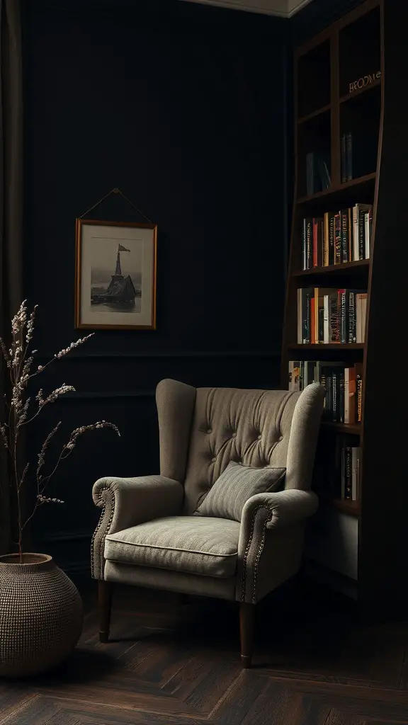 25+ Stunning Dark Feminine Decor Ideas for Your Room 12 A cozy reading nook featuring a plush armchair, a bookshelf filled with books, and a decorative vase.