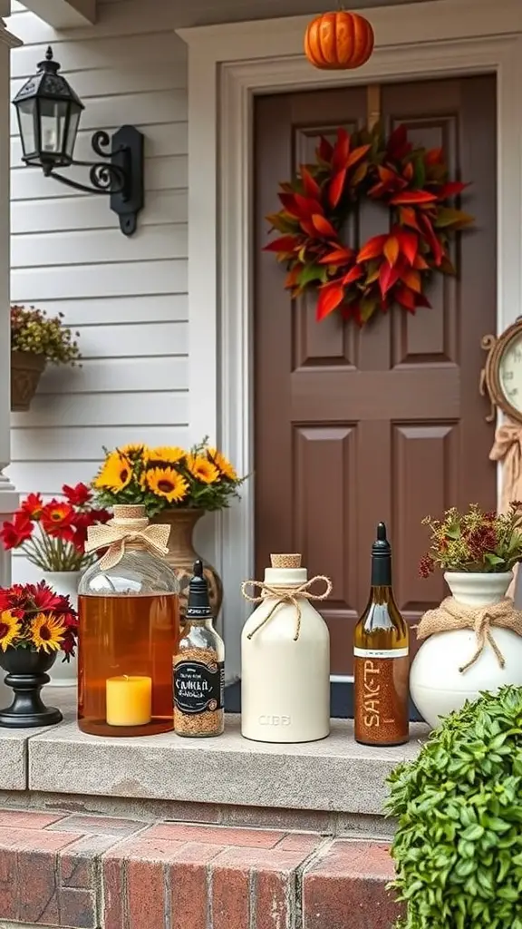 25+ Stunning Fall Front Door Decor Ideas to Transform Your Home 9 A front door decorated with a harvest-themed sign, a wreath, pumpkins, and colorful plants.