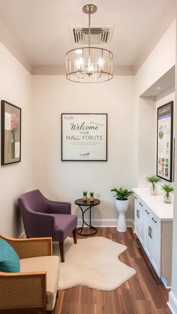 23+ Cozy Small Facial Room Ideas for a Relaxing Retreat 10 A cozy reception area with comfortable seating, a small coffee table, and natural light.