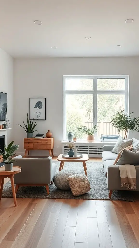 25+ Stylish Bloxburg Living Room Ideas You’ll Love 12 A sleek Scandinavian living room featuring gray sofas, wooden furniture, and large windows.