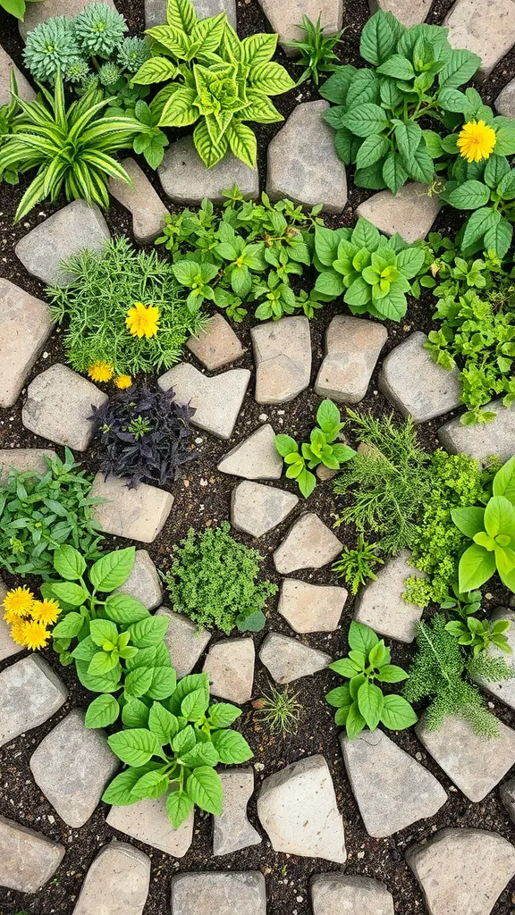 21+ Cottagecore Garden Essentials for a Whimsical Outdoor Retreat 5 A vibrant herb spiral garden with various herbs and plants arranged among stone pathways.