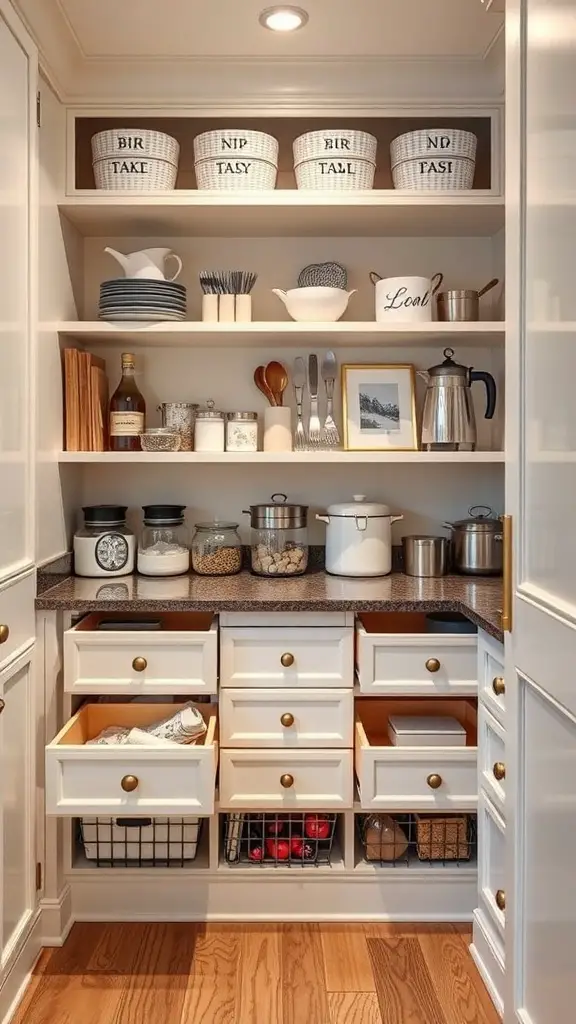 A well-organized butler's pantry featuring pull-out drawers and labeled baskets.