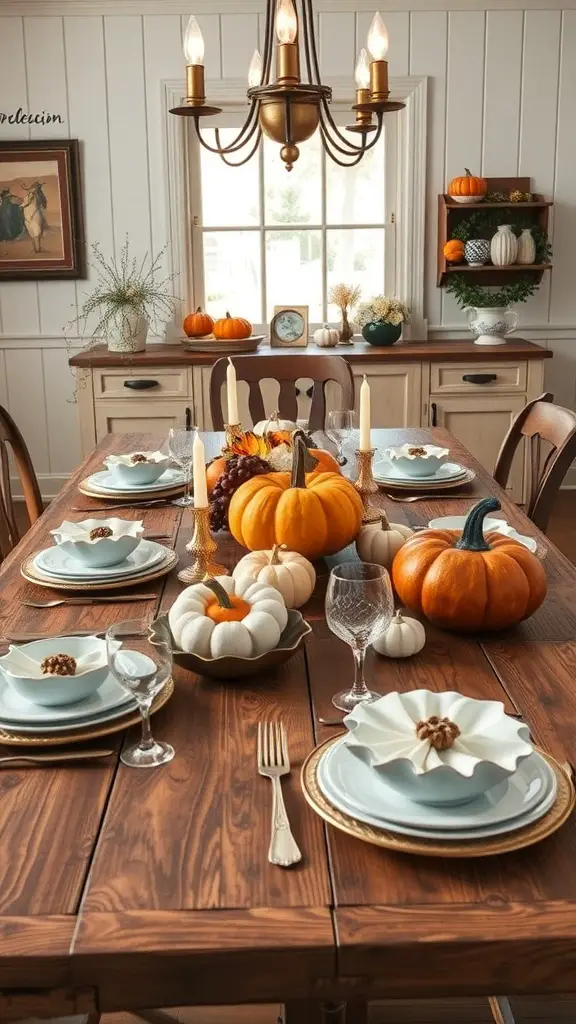 23 Vintage Fall Decor Ideas to Warm Your Home 17 A rustic farmhouse table setting with pumpkins, elegant blue plates, and candlelight.