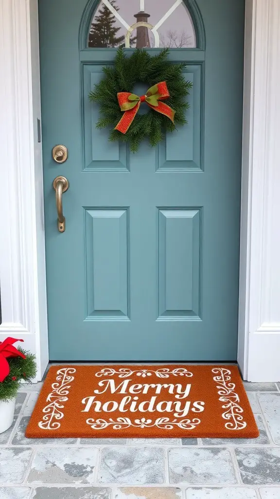A front door with a blue color, a green wreath with a red bow, and a holiday door mat that says 'Merry Holidays'.
