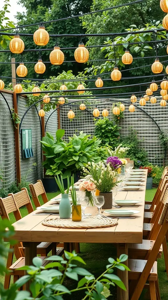 21+ Must-Have Essentials for the Ultimate Disco Garden Party 15 A beautifully arranged garden party table with lanterns and flowers.