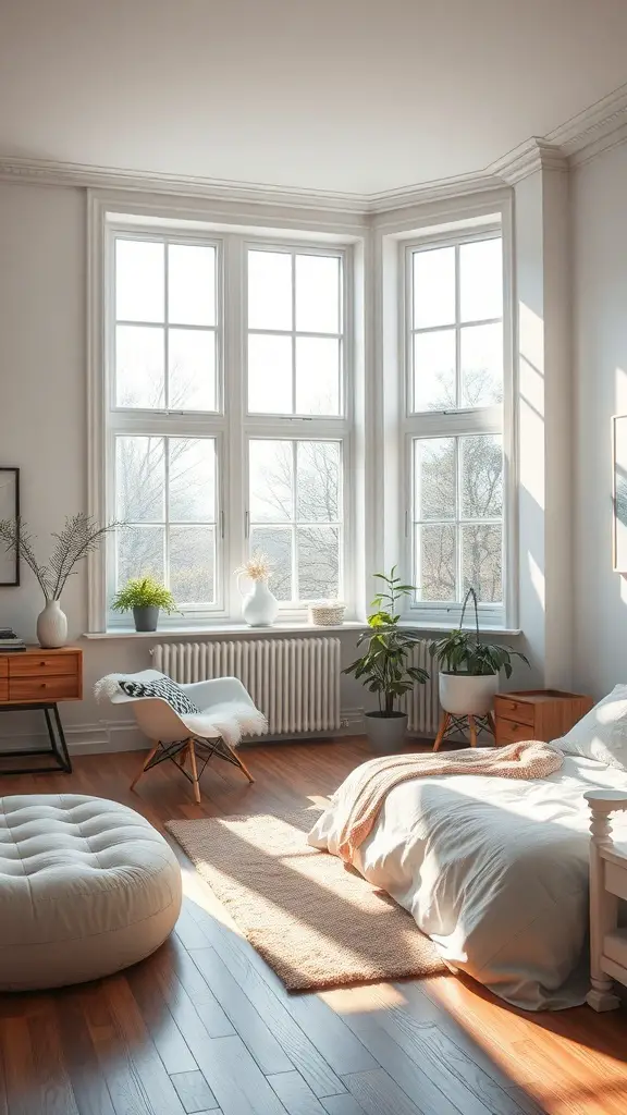 A bright and airy Stockholm-style bedroom with large windows, wooden floors, and plants.
