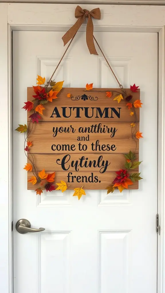 A wooden door sign for autumn with colorful leaves and a welcoming message.