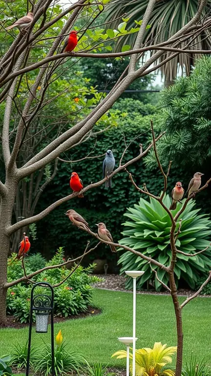 19+ Essential Tips for Creating a Bird-Friendly Garden 17 A garden scene with various colorful birds perched on branches of a tree, surrounded by lush greenery.