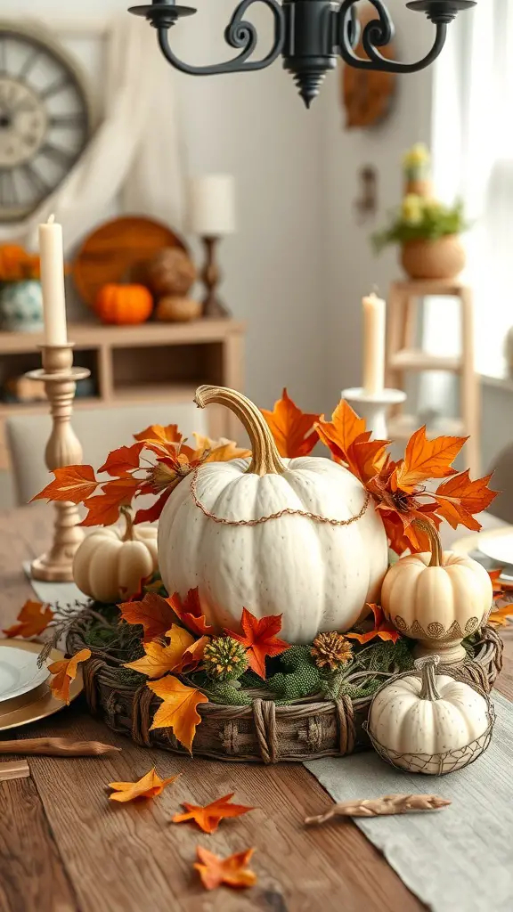 A rustic pumpkin centerpiece with a large white pumpkin, smaller pumpkins, autumn leaves, and candles on a wooden table.