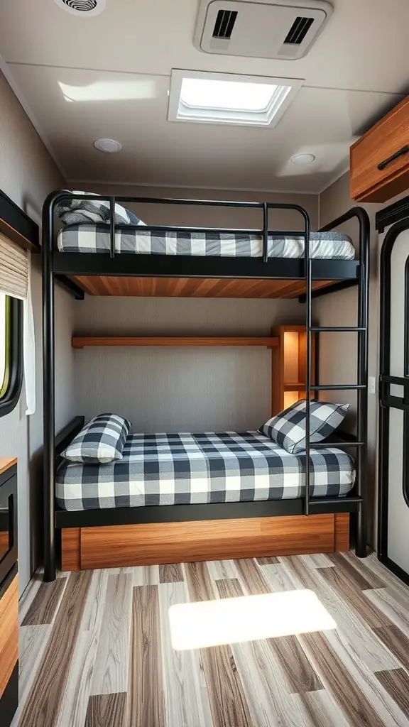 23 Creative Camper Bunk Bed Ideas for Your Next Adventure 15 A modern camper bunk bed with safety rails, featuring checkered bedding and wooden accents.