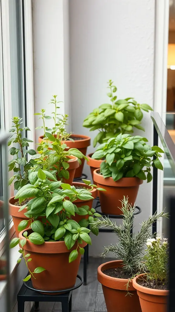 23+ Inspiring Outdoor Balcony Ideas to Elevate Your Space 9 Mini herb garden with terracotta pots on a balcony