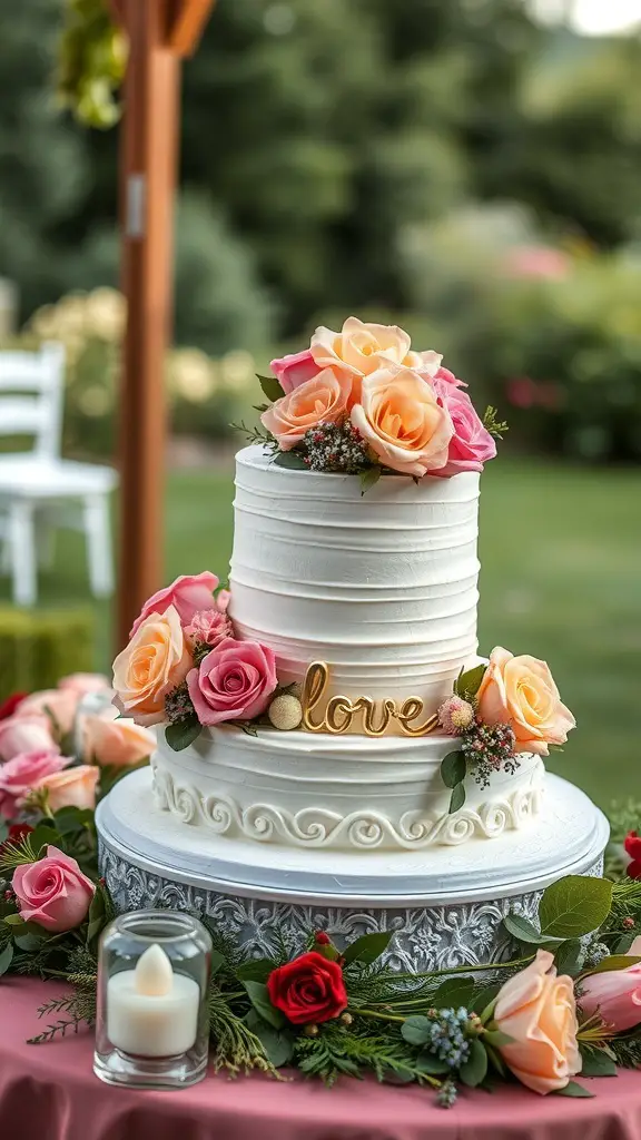 21+ Delightful Wedding Garden Party Ideas to Inspire Your Celebration 12 A beautifully designed wedding cake with roses, set in a garden party atmosphere.