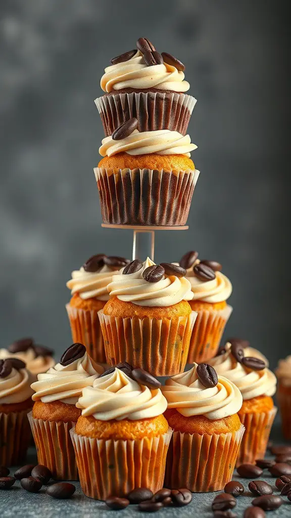 19+ Adorable Coffee-Themed Bridal Shower Ideas You’ll Love 5 A beautifully arranged tower of coffee-flavored cupcakes topped with creamy frosting and coffee beans.