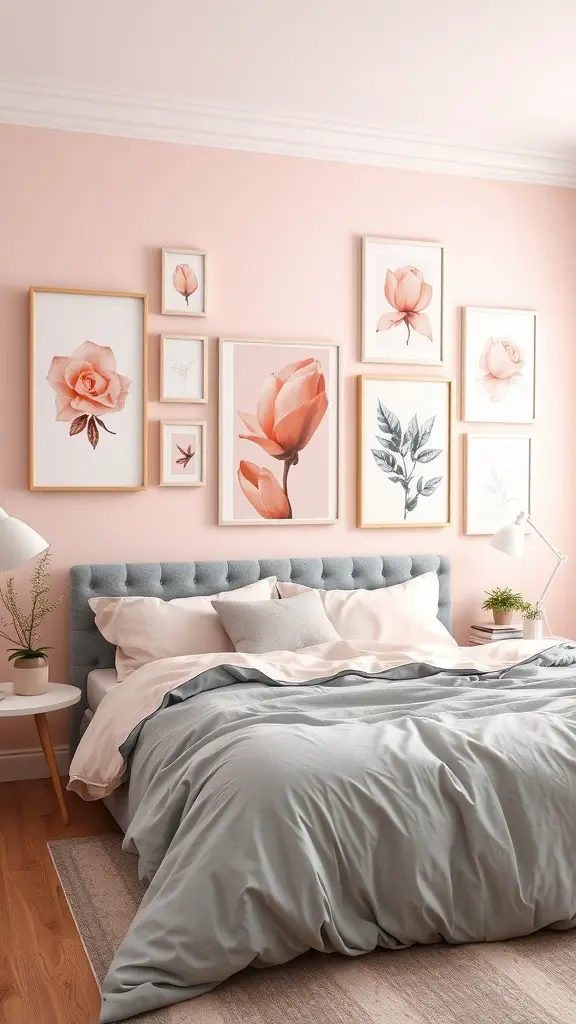 25+ Stunning Pink and Grey Bedroom Ideas for a Chic Retreat 6 A pink and grey bedroom featuring a gallery wall of floral art