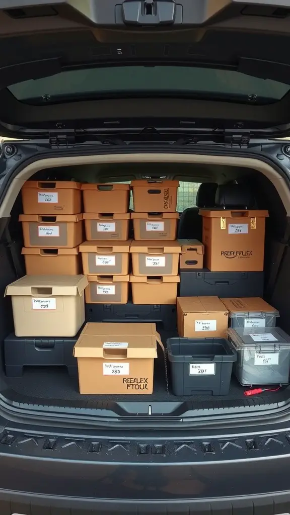 25+ Clever Car Trunk Organization Ideas to Maximize Space 13 Organized car trunk with labeled storage boxes for easy identification.