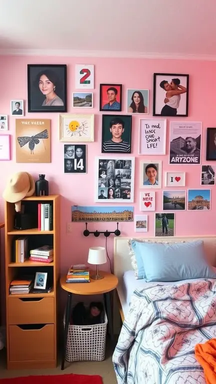 17 Stylish Small Dorm Room Ideas for Limited Spaces 9 A colorful wall display in a dorm room featuring various framed photos and art pieces on a pink wall.