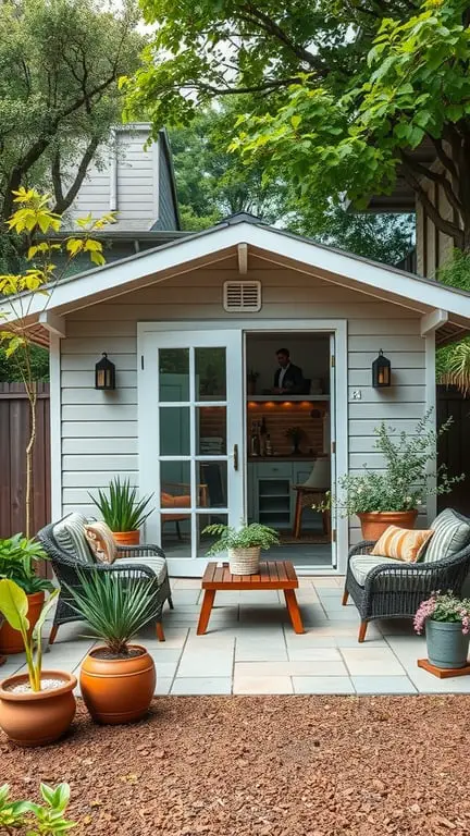 15 Creative DIY Shed Plans for Your Backyard Oasis 17 A cozy shed with outdoor seating and potted plants, surrounded by greenery.