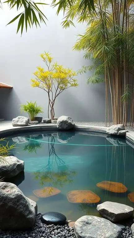 37+ Stunning Backyard Pool Design Ideas to Transform Your Outdoor Space 15 A tranquil Zen garden pool with smooth stones, bamboo, and a vibrant yellow tree.