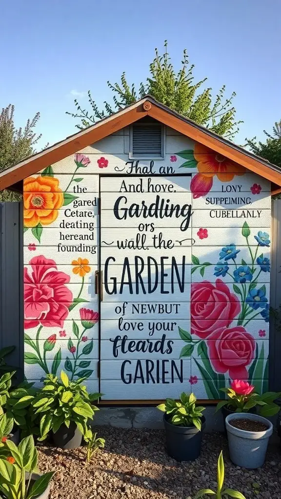 A colorful mural on a garden shed featuring flowers and an inspiring quote about gardening.