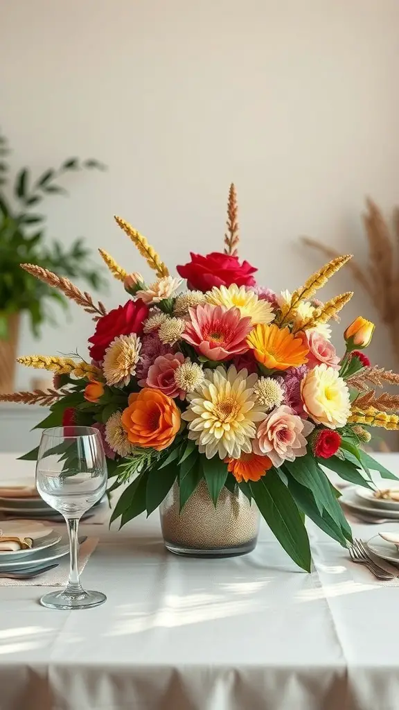 A colorful floral arrangement featuring fall blooms like roses, dahlias, and chrysanthemums in warm autumn colors.