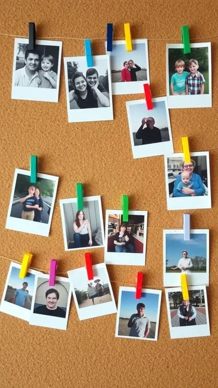 15 Creative Ways to Store and Display Old Photos 13 A memory board displaying old photos held up by colorful clips.
